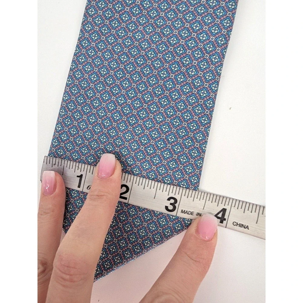 VTG Rooster Pink Blue Geometric Silk Tie USA Italian Fabric‎ Preppy Heritage